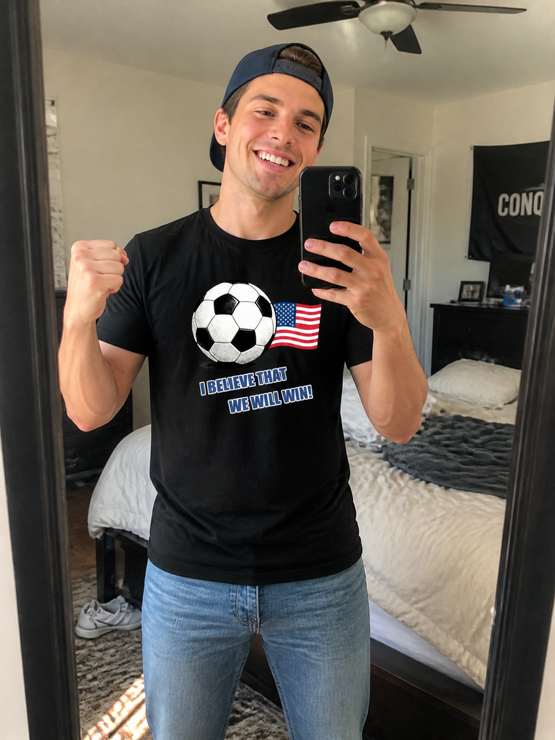 Man taking a mirror selfie wearing a personalized soccer T-shirt