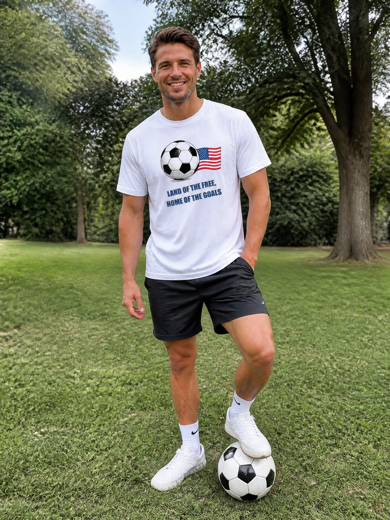 Man wearing a personalized soccer T-shirt outdoors with a soccer ball