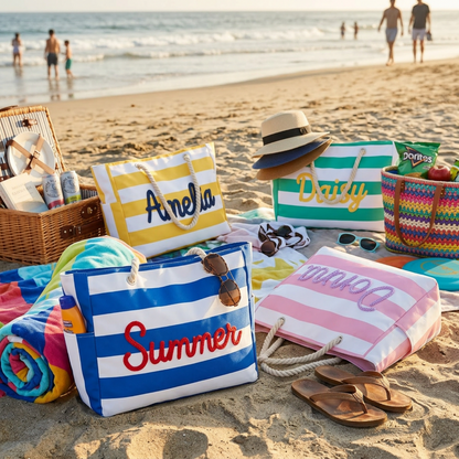 Custom Name Striped Beach Bag: Large Waterproof Vacation Tote