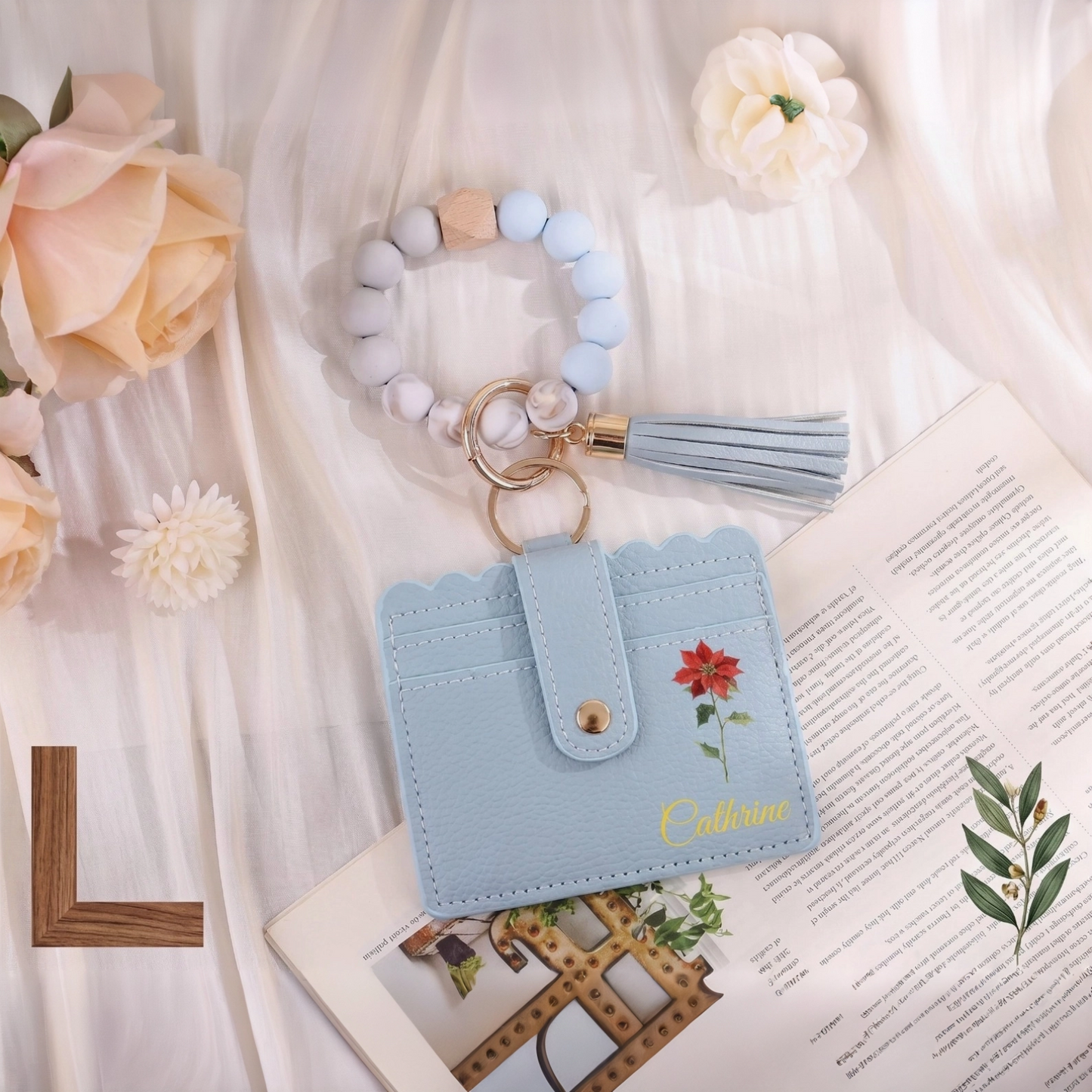 Personalized Card Holder Keychain: Image & Birth Flower Gift