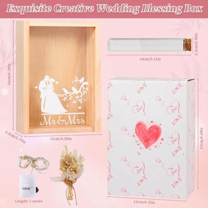 Boîte à souvenirs de mariage personnalisée avec guirlandes lumineuses et fleurs séchées