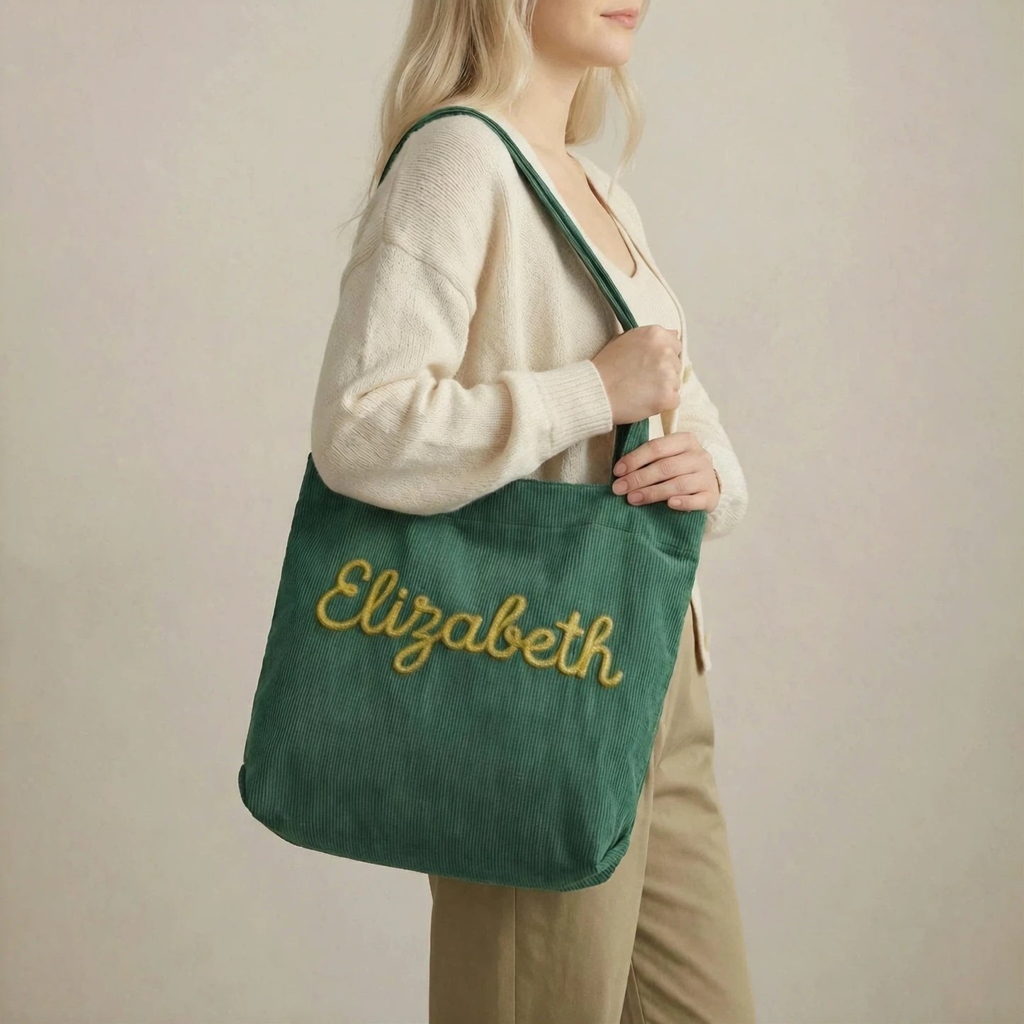 Custom Name Corduroy Tote Bag with Handcrafted 3D Crochet Flower
