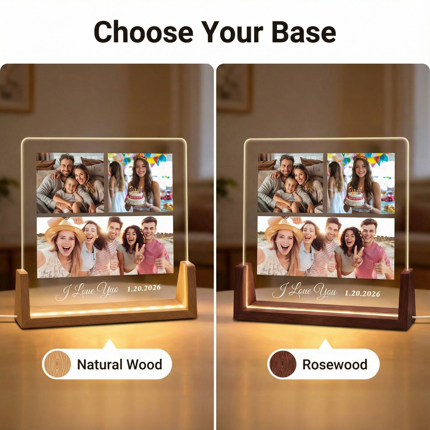 Personalized 1～5-Photo Collage LED Night Light - Custom Acrylic Lamp with Wooden Base for Couples, Family & Friends