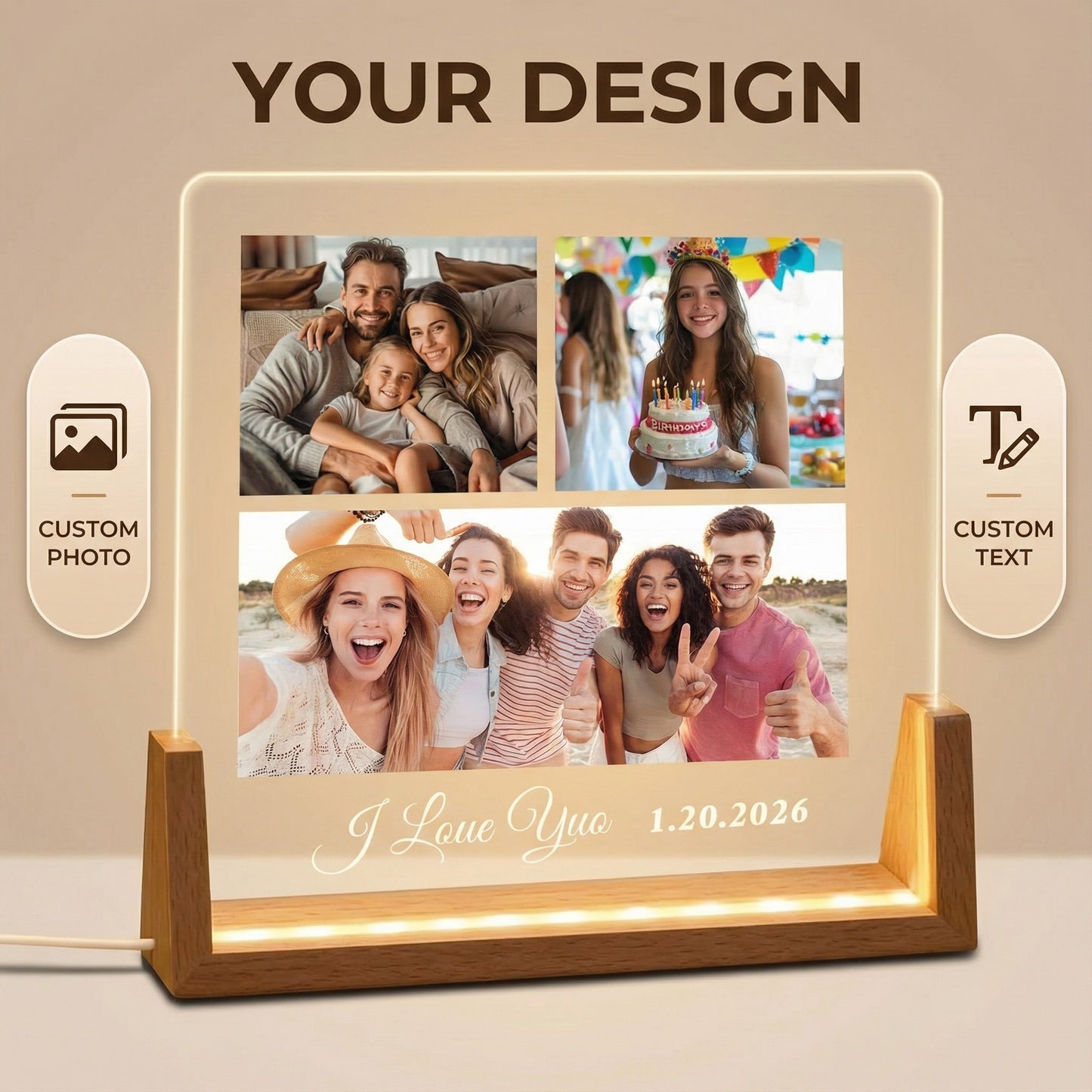 Personalized 1～5-Photo Collage LED Night Light - Custom Acrylic Lamp with Wooden Base for Couples, Family & Friends