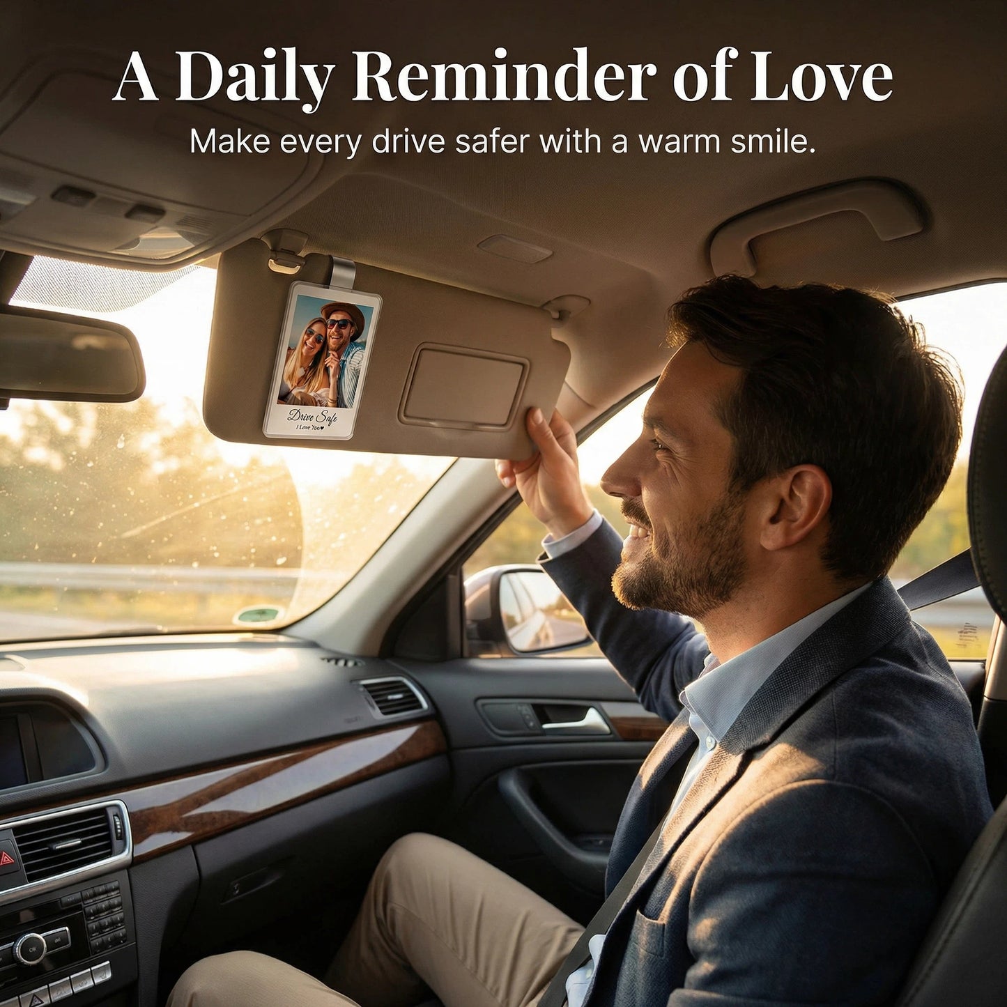 Personalized Car Sun Visor Photo Holder - Custom Acrylic Picture Clip with Safe Driving Text, Unique Car Interior Accessory & Keepsake Gift