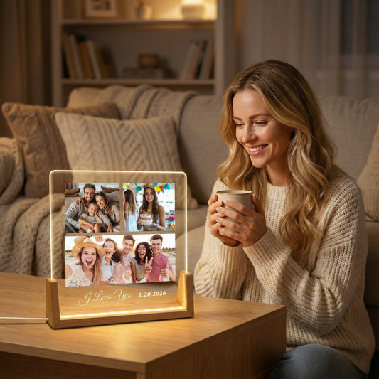 Personalized 1～5-Photo Collage LED Night Light - Custom Acrylic Lamp with Wooden Base for Couples, Family & Friends