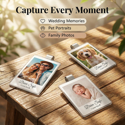 Personalized Car Sun Visor Photo Holder - Custom Acrylic Picture Clip with Safe Driving Text, Unique Car Interior Accessory & Keepsake Gift