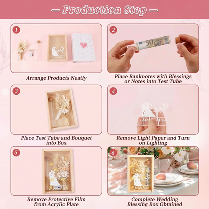 Boîte à souvenirs de mariage personnalisée avec guirlandes lumineuses et fleurs séchées