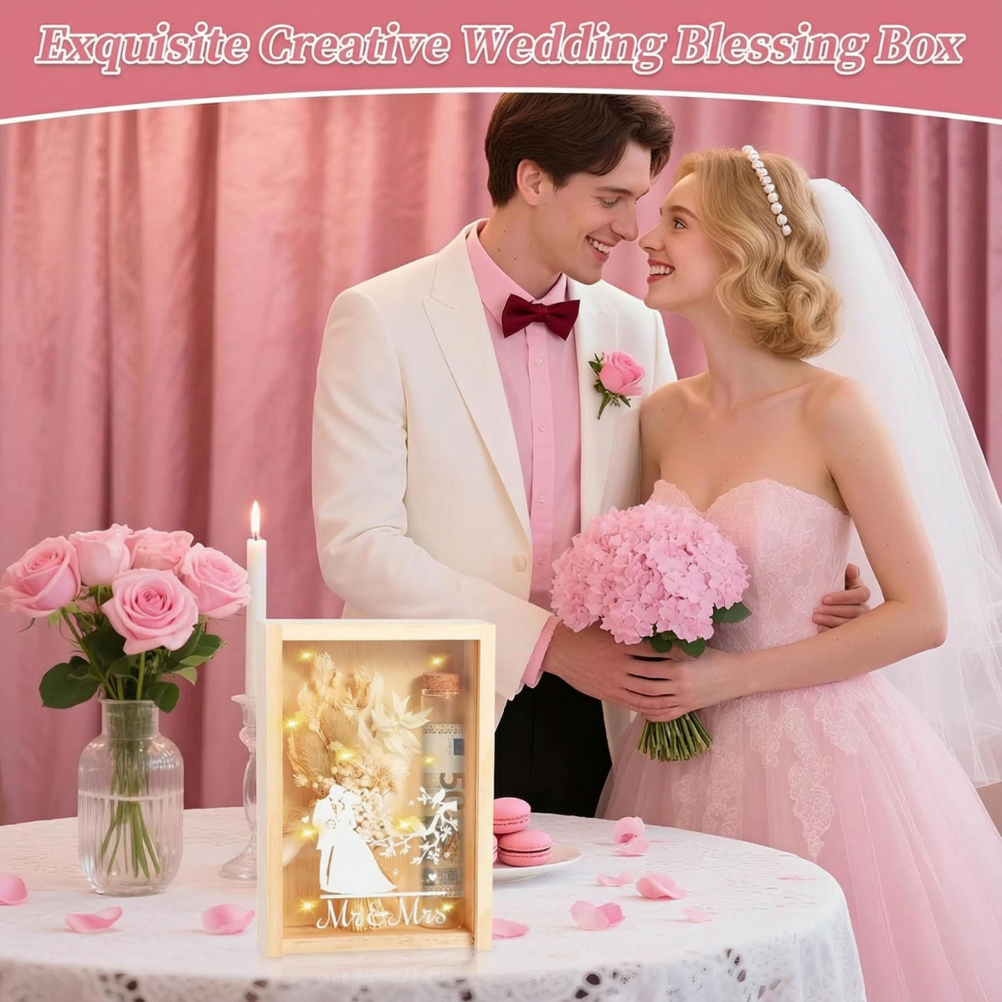 Boîte à souvenirs de mariage personnalisée avec guirlandes lumineuses et fleurs séchées