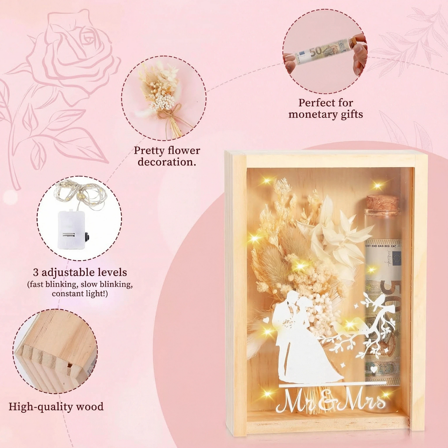 Boîte à souvenirs de mariage personnalisée avec guirlandes lumineuses et fleurs séchées