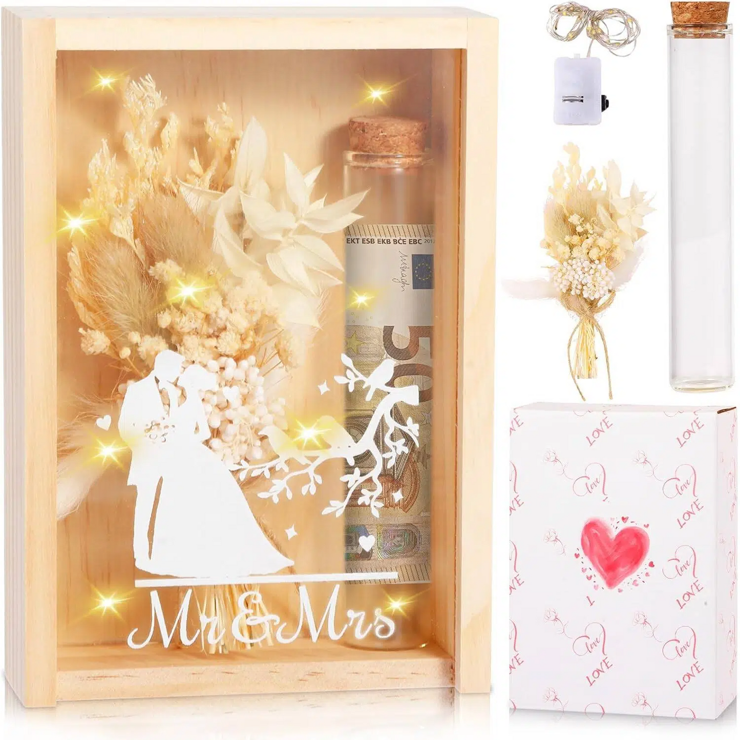 Boîte à souvenirs de mariage personnalisée avec guirlandes lumineuses et fleurs séchées