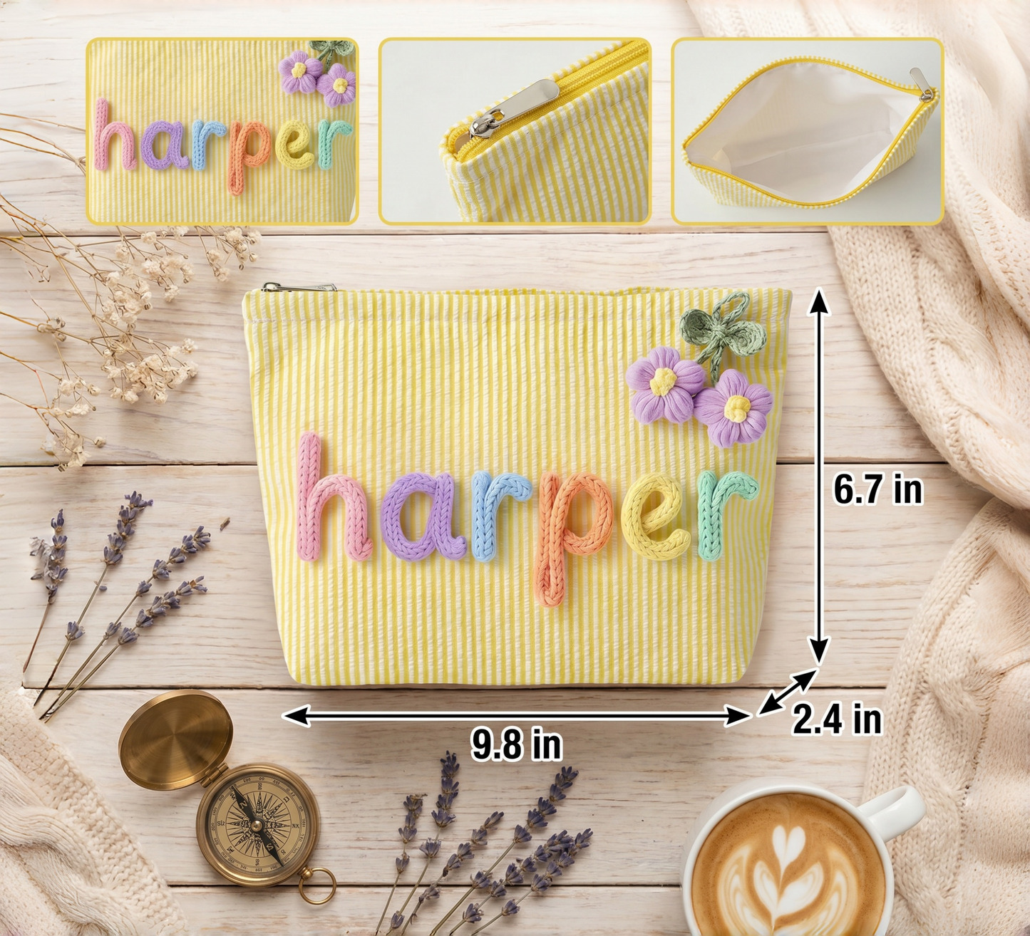 Custom Name Canvas Makeup Bag: Embroidered Initial Travel Case