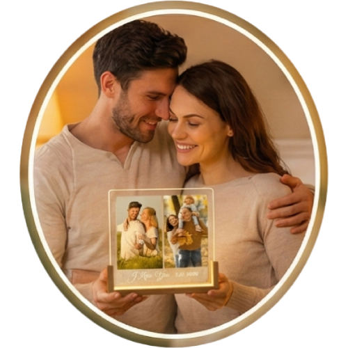 Loving couple holding a personalized acrylic photo plaque, MementoFun "For Couples" category icon.