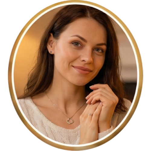 Woman with a gentle smile wearing a custom name necklace, MementoFun "Gifts for Her" category icon.