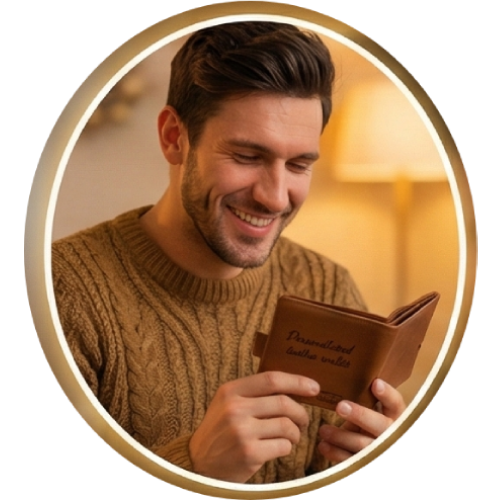 Smiling man holding a personalized leather wallet, MementoFun "Gifts for Him" category icon.