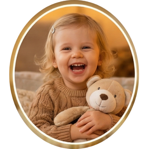 Joyful child holding a personalized teddy bear, MementoFun "Gifts for Kids" category icon.