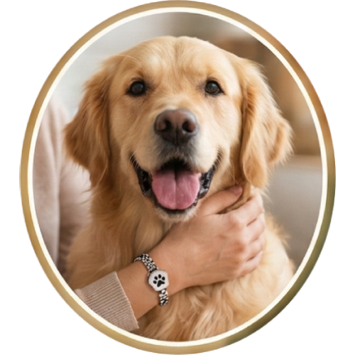 Happy Golden Retriever with a custom paw-print accessory, MementoFun "For Pet Lovers" category icon.
