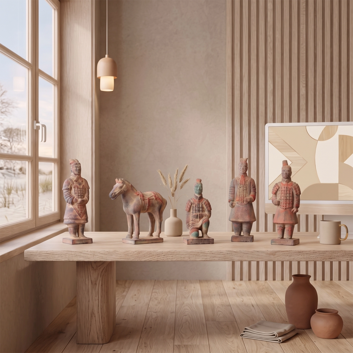 Terracotta Warrior-inspired heritage decor displayed on a modern home console