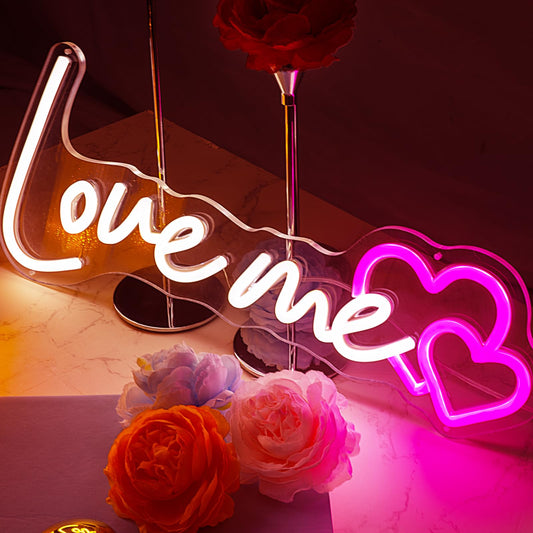 Love Me Pink Neon Sign with Double Hearts - Romantic LED Light for Gift & Home