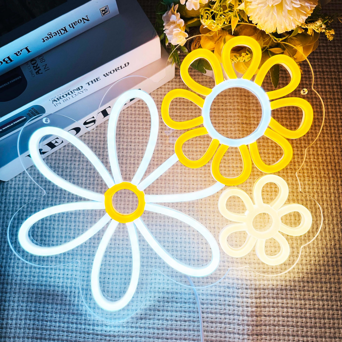 Daisy Flower Neon Light Set - Artistic Trio Yellow Blue White LED Wall Decor