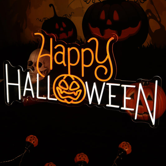 Happy Halloween Pumpkin Neon Sign - Glowing Orange LED Light for Spooky Party Decor