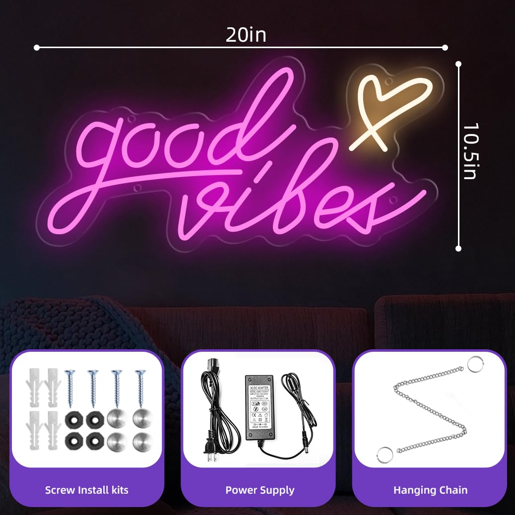 Enseigne lumineuse Good Vibes - Lumière d'ambiance colorée pour une décoration positive à la maison et pour les fêtes