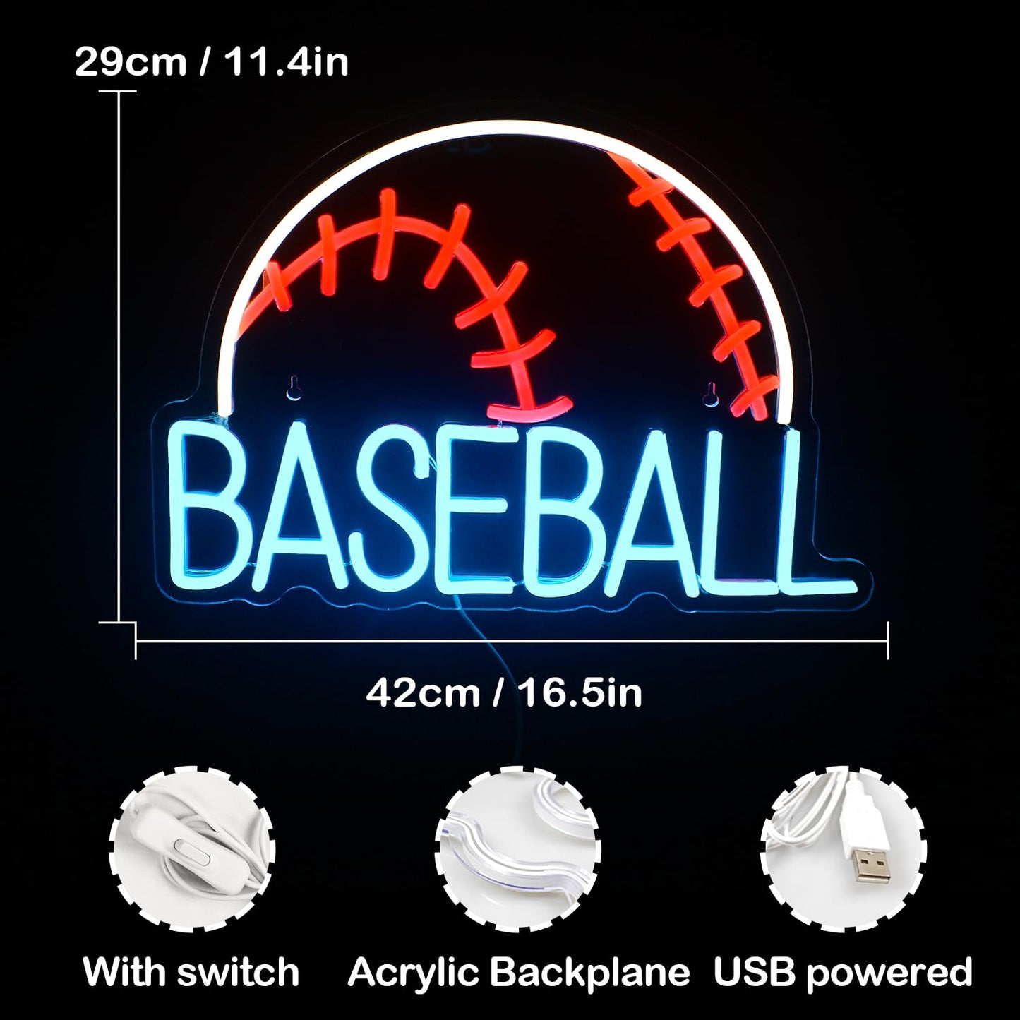 Baseball Neon Sign - Red Stitch and Blue Text LED Sports Wall Light