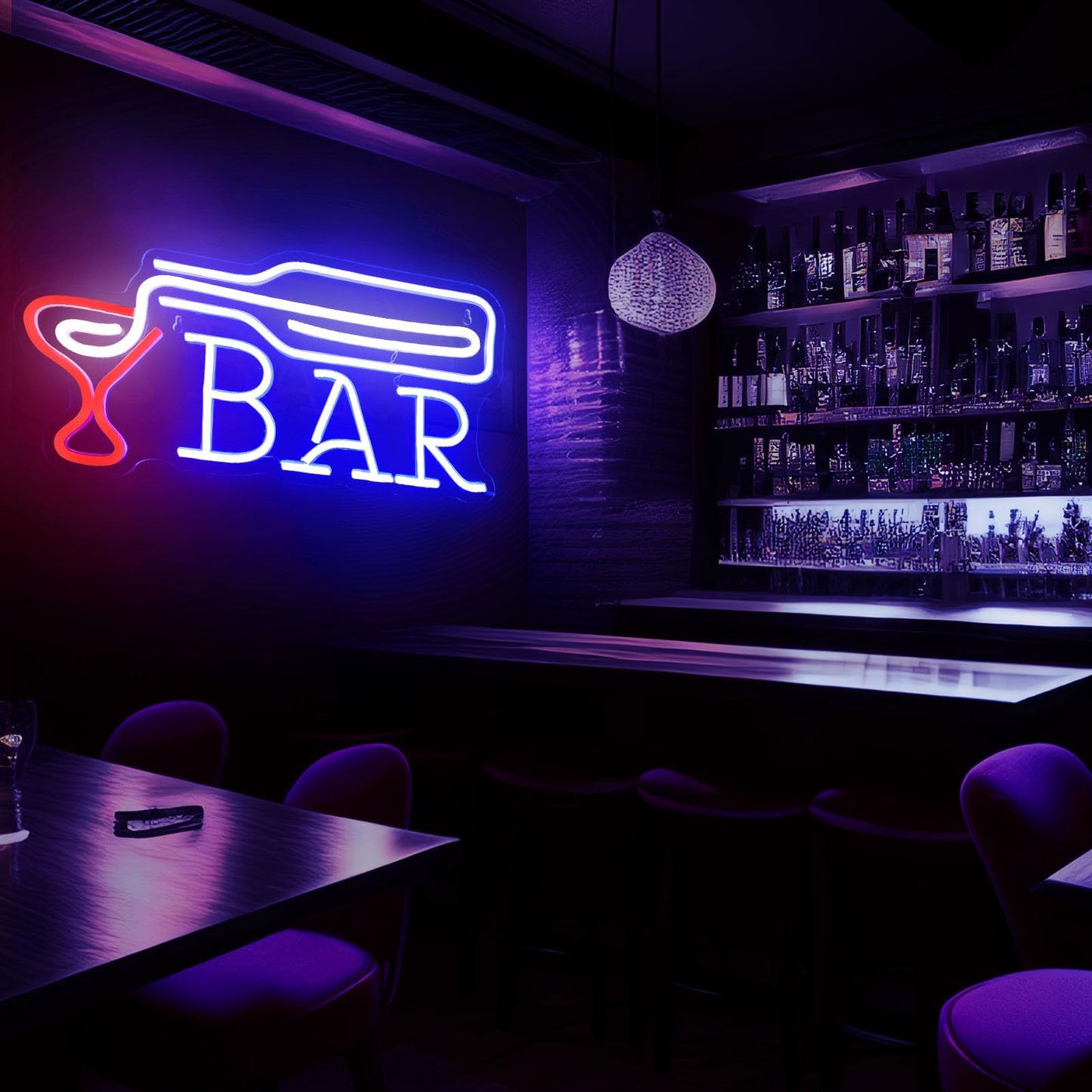 BAR Neon Sign - Blue Bottle Pouring into Red Glass LED Wall Light