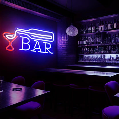BAR Neon Sign - Blue Bottle Pouring into Red Glass LED Wall Light
