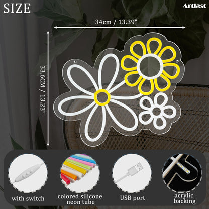 Daisy Flower Neon Light Set - Artistic Trio Yellow Blue White LED Wall Decor