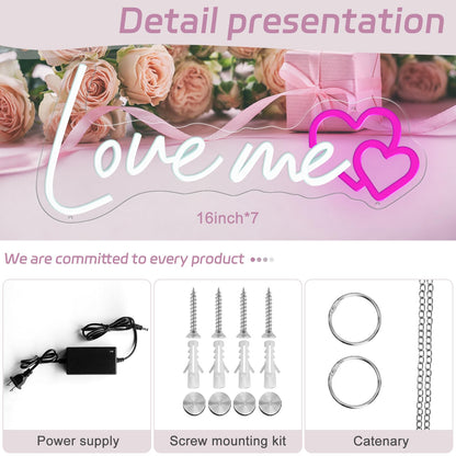 Love Me Pink Neon Sign with Double Hearts - Romantic LED Light for Gift & Home