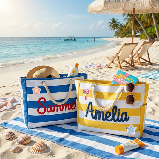 Custom Name Striped Beach Bag: Large Waterproof Vacation Tote