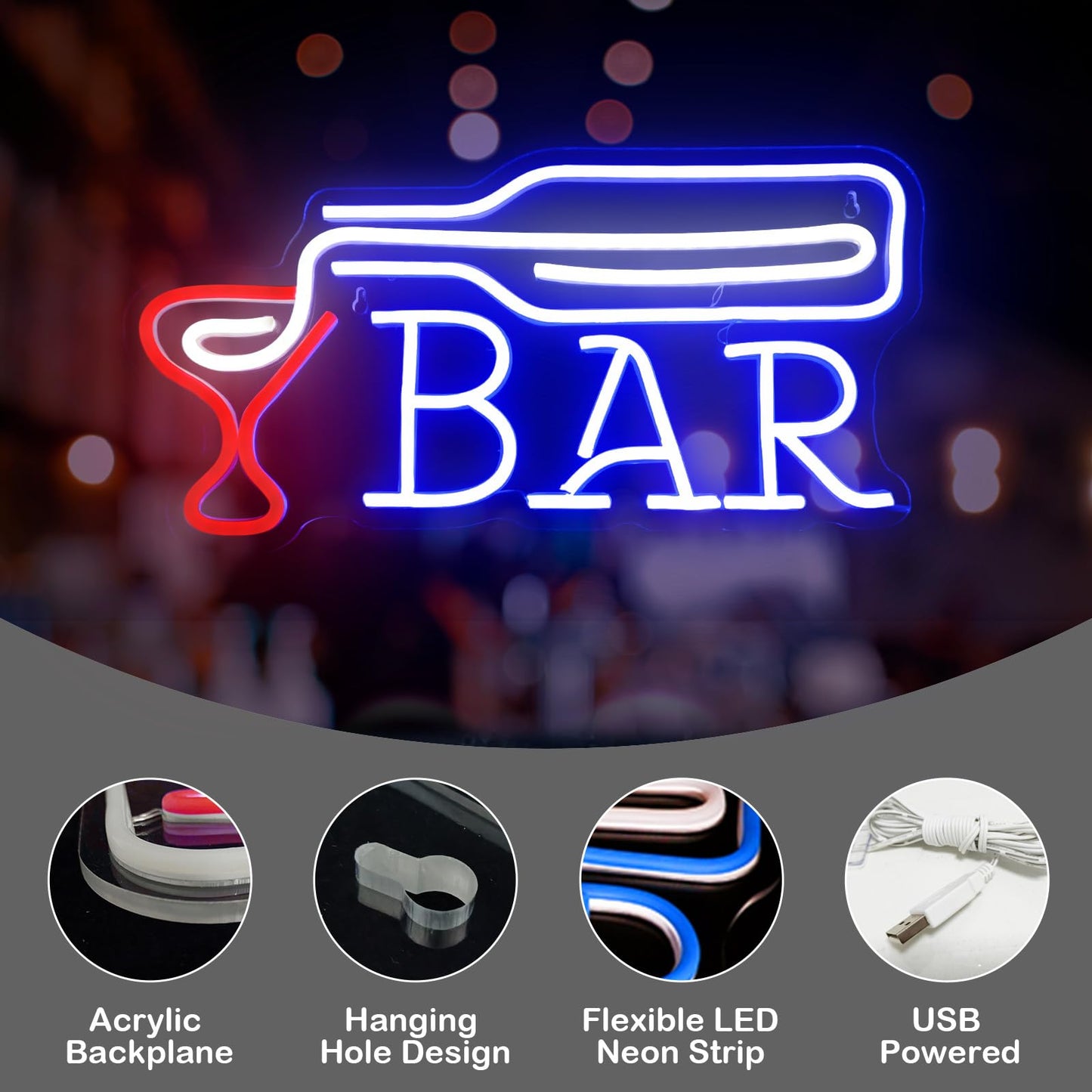 BAR Neon Sign - Blue Bottle Pouring into Red Glass LED Wall Light