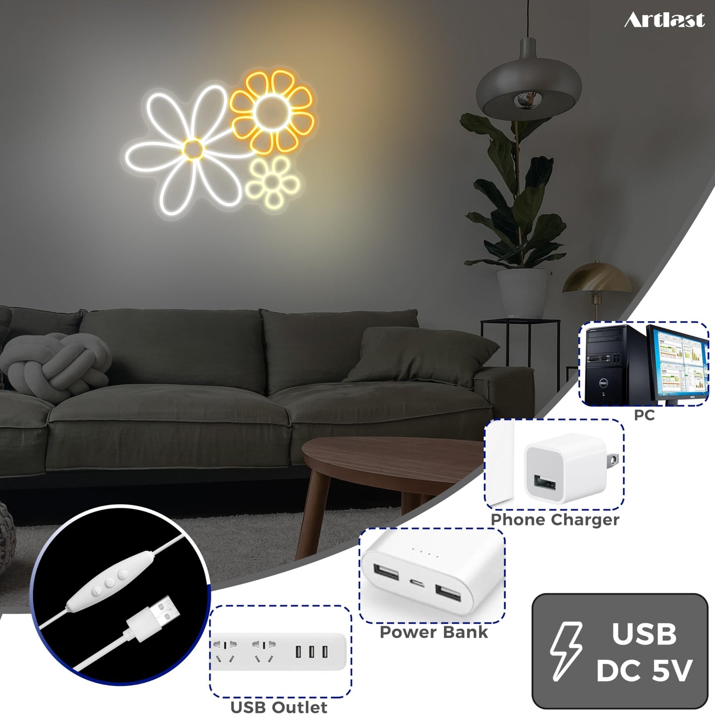 Daisy Flower Neon Light Set - Artistic Trio Yellow Blue White LED Wall Decor