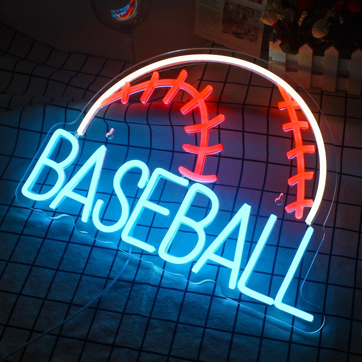 Baseball Neon Sign - Red Stitch and Blue Text LED Sports Wall Light