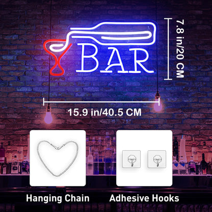 BAR Neon Sign - Blue Bottle Pouring into Red Glass LED Wall Light