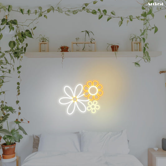 Set di Luci al Neon a Forma di Fiore Margherita - Trio Artistico LED da Parete Giallo Blu Bianco