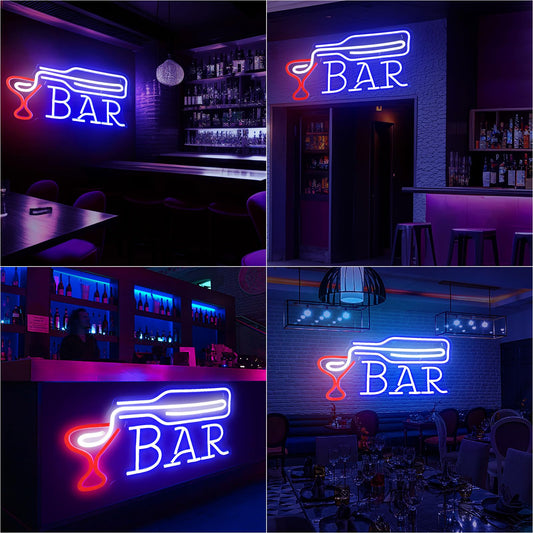 Insegna al Neon BAR - Bottiglia Blu che Versa in Bicchiere Rosso LED da Parete