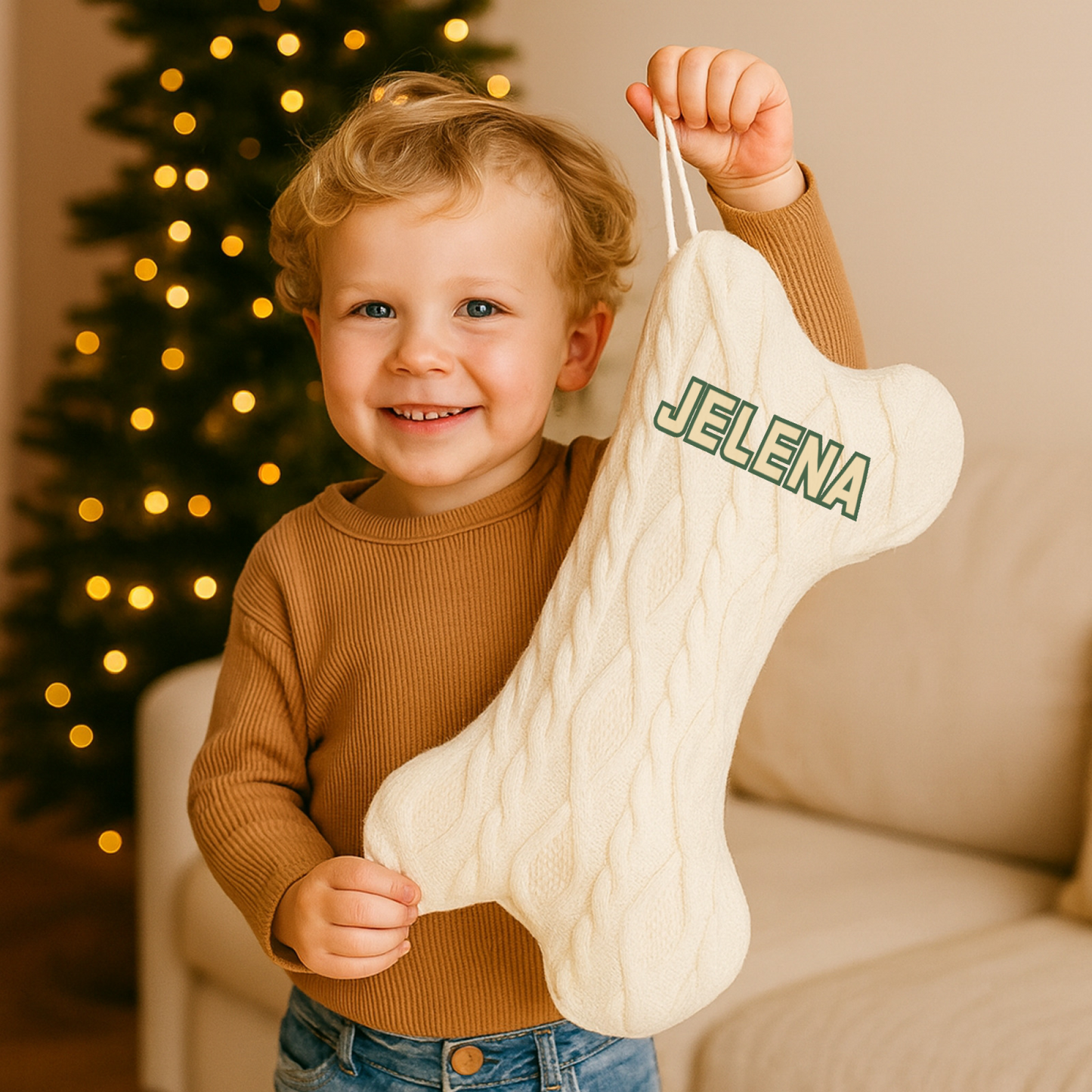 Chaussette de Noël en forme d'os - Décoration de Noël tricotée personnalisée avec nom