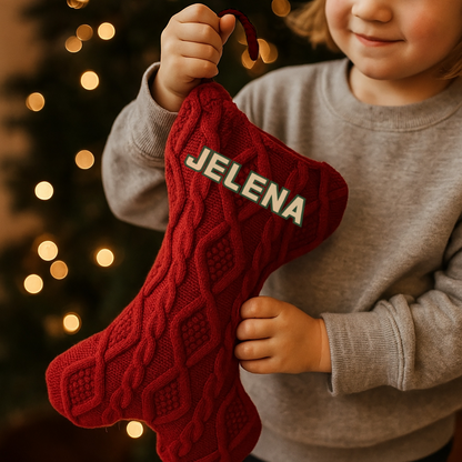 Chaussette de Noël en forme d'os - Décoration de Noël tricotée personnalisée avec nom