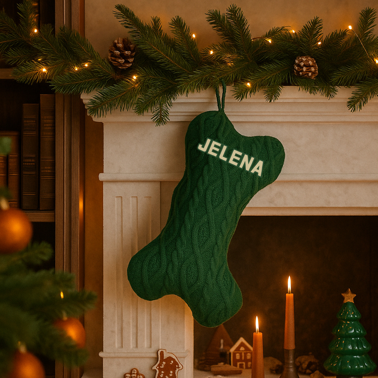 Chaussette de Noël en forme d'os - Décoration de Noël tricotée personnalisée avec nom