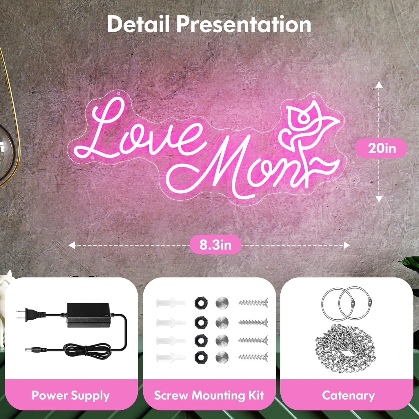 Love Mom Rose Neon Sign - Romantic Floral Mother's Day LED Light Gift