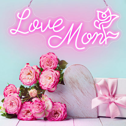 Love Mom Rose Neon Sign - Romantic Floral Mother's Day LED Light Gift