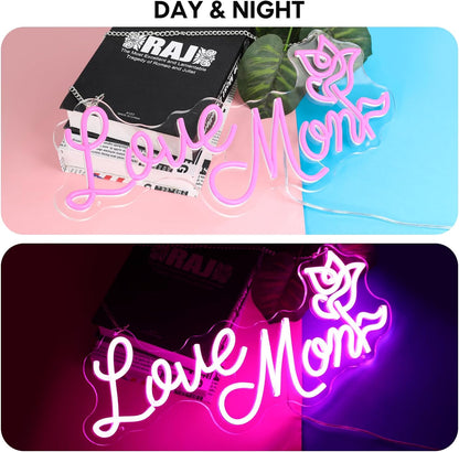 Love Mom Rose Neon Sign - Romantic Floral Mother's Day LED Light Gift