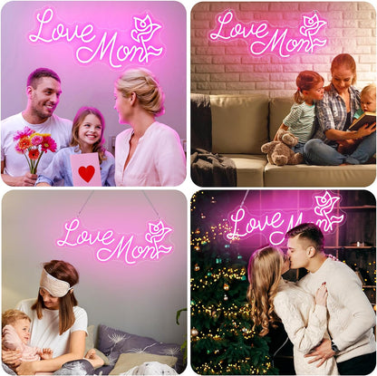 Love Mom Rose Neon Sign - Romantic Floral Mother's Day LED Light Gift