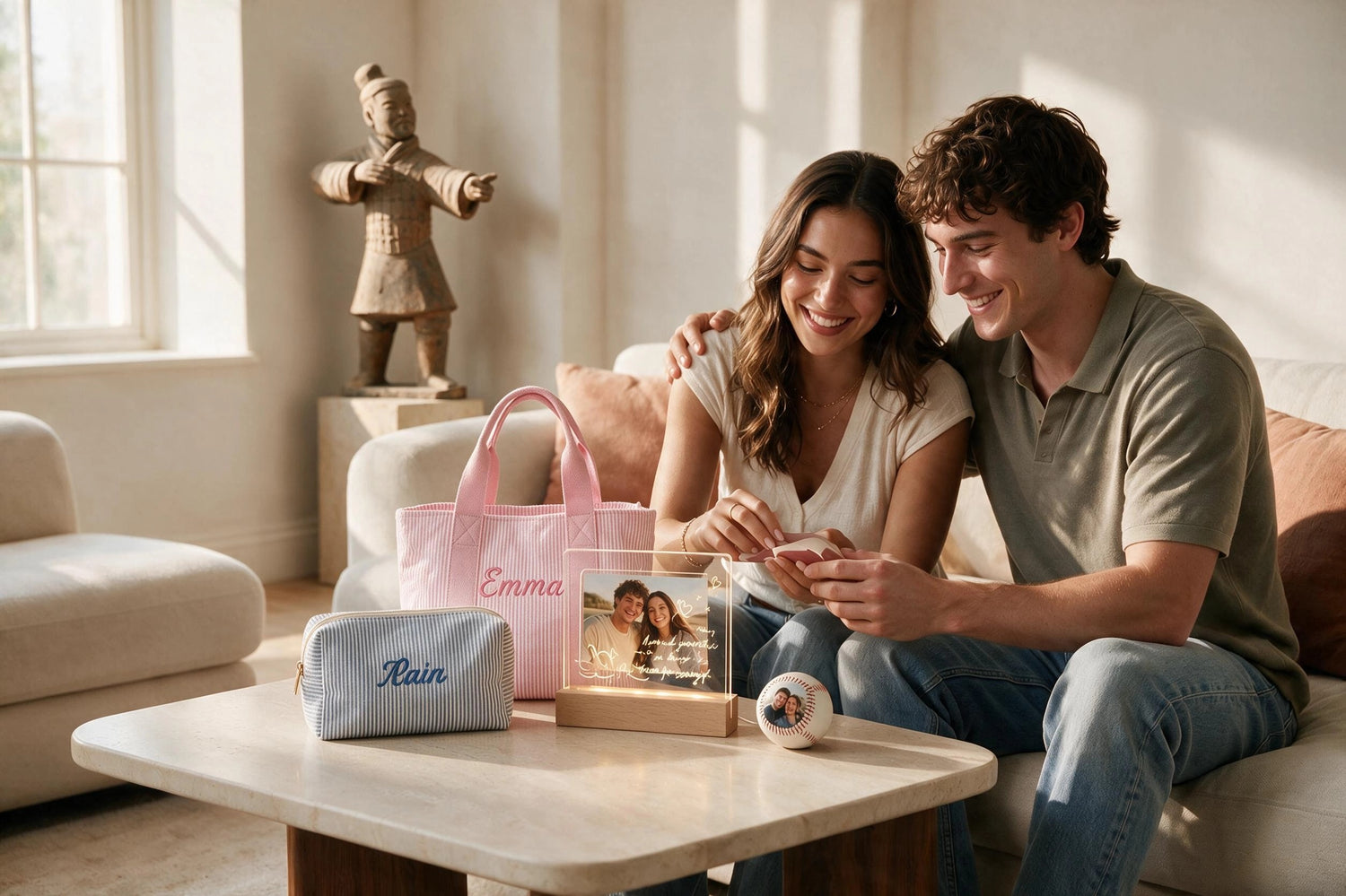 Couple choosing personalized gifts together at home