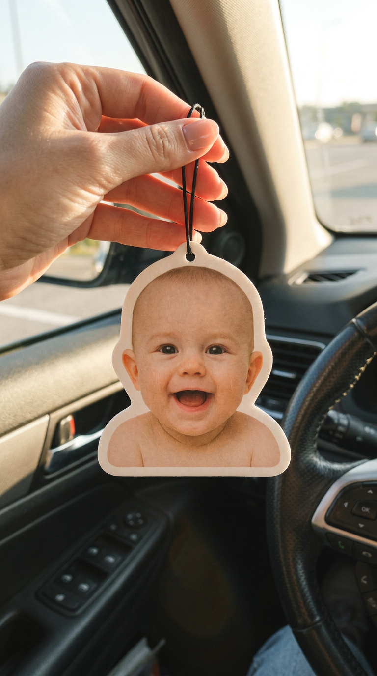 Hand holding a personalized baby photo ornament inside a car