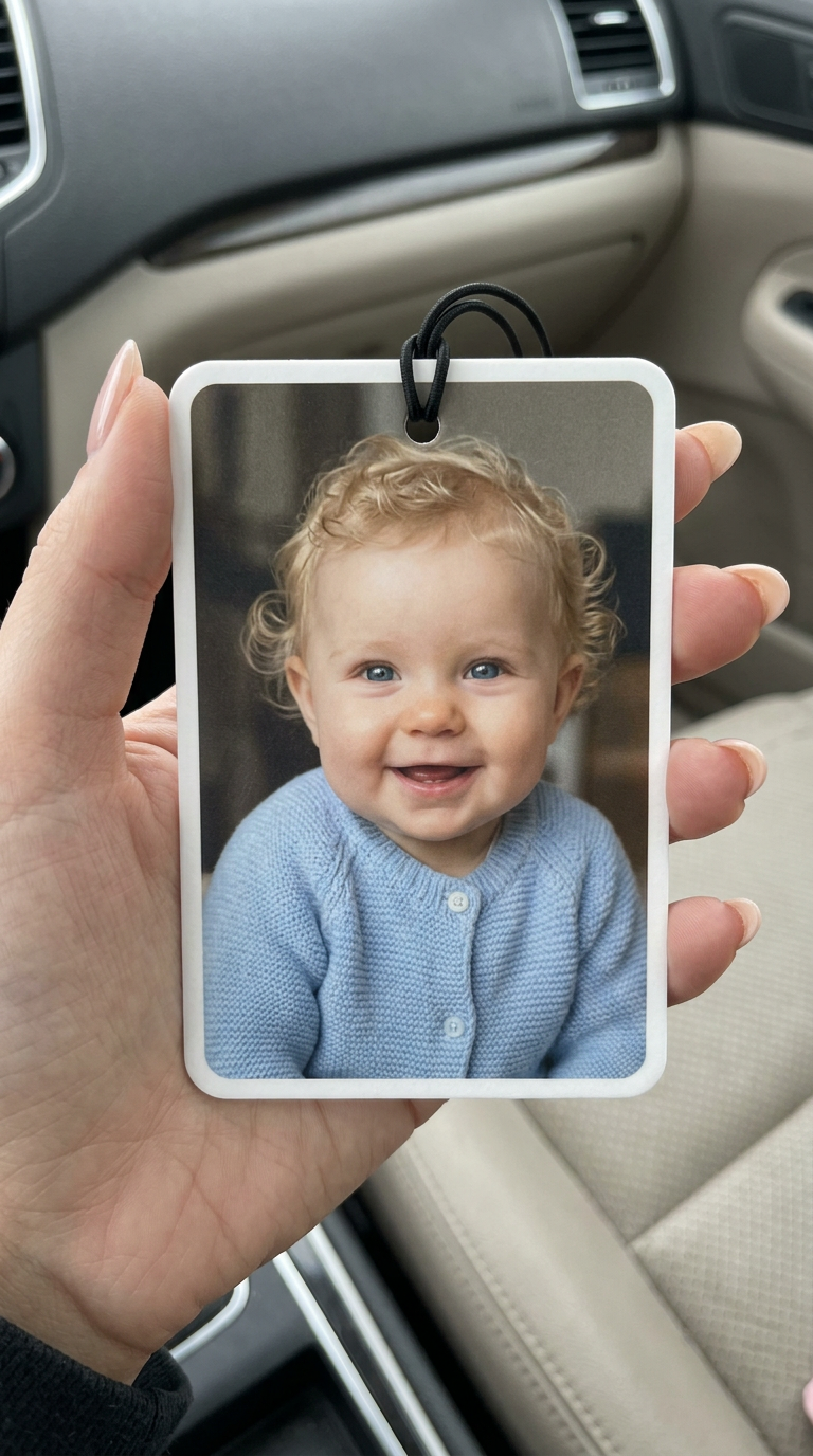 Personalized baby photo ornament hanging inside a car