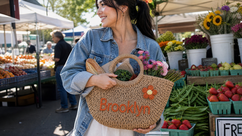 Woman carrying a personalized straw tote with custom name Brooklyn at a market