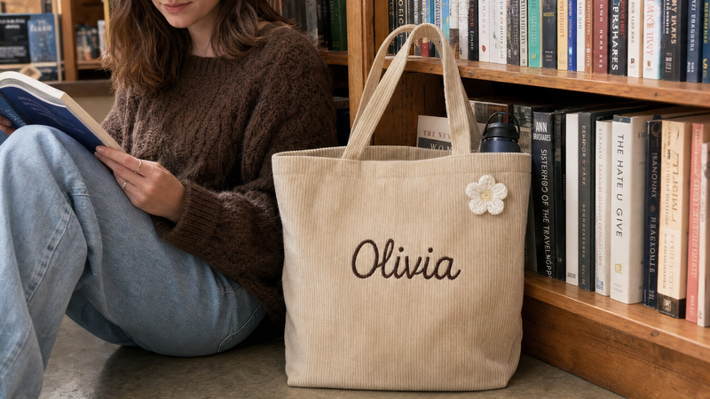 Woman carrying a personalized canvas tote with custom name Olivia while walking through a city